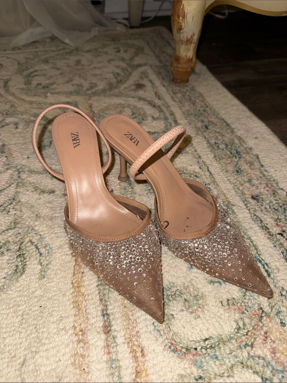 Zara Blush Crystal-Embellished Pointed Slingback Heels